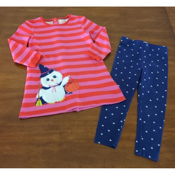 Mini Boden Girls Halloween Owl Stripe Sweatshirt Dress and leggings size  3-4 GUC